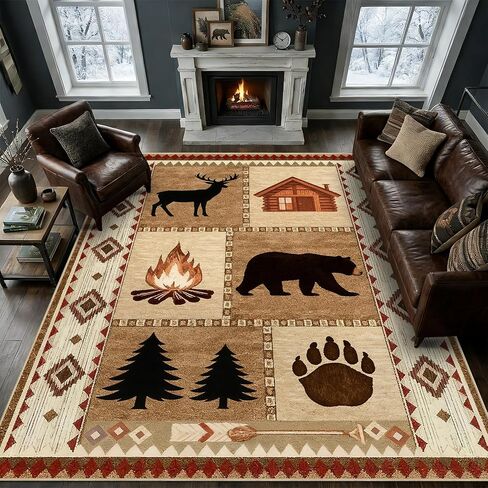 Area Rug 5x7 Rustic Cabin Bear Deer Rug Lodge Country Farmhouse Wildlife Rugs for Living Room Southwesten Machine Washable Non-Slip Printed Low-Pile Indoor Carpet for Bedroom Dining Room Office in Kuwait