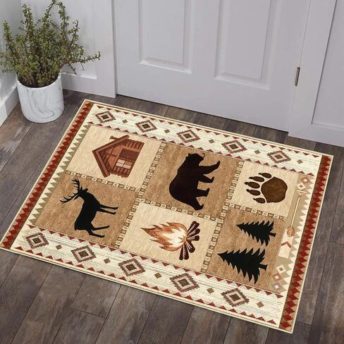 Area Rug 5x7 Rustic Cabin Bear Deer Rug Lodge Country Farmhouse Wildlife Rugs for Living Room Southwesten Machine Washable Non-Slip Printed Low-Pile Indoor Carpet for Bedroom Dining Room Office in Kuwait