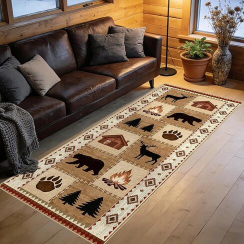Area Rug 5x7 Rustic Cabin Bear Deer Rug Lodge Country Farmhouse Wildlife Rugs for Living Room Southwesten Machine Washable Non-Slip Printed Low-Pile Indoor Carpet for Bedroom Dining Room Office in Kuwait