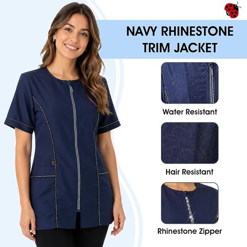 Ladybird Line 854 Water Resistant Navy Rhinestone Trim Jacket, Short Sleeve, Hair Bleach Resistant Pet Grooming Hair Stylist in Saudi Arabia