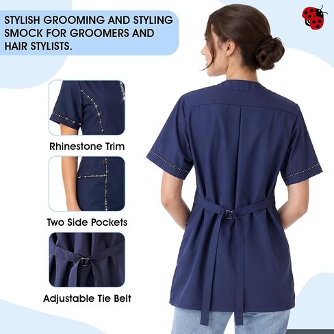 Ladybird Line 854 Water Resistant Navy Rhinestone Trim Jacket, Short Sleeve, Hair Bleach Resistant Pet Grooming Hair Stylist in Saudi Arabia