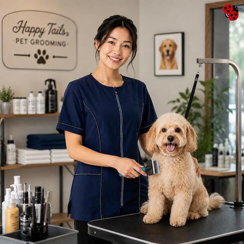 Ladybird Line 854 Water Resistant Navy Rhinestone Trim Jacket, Short Sleeve, Hair Bleach Resistant Pet Grooming Hair Stylist in Saudi Arabia