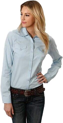 WOMENS LONG SLEEVE WESTERN SNAP SHIRT INSTOCK SOLID POPLIN SOLID POPLIN LT BLUE in Kuwait