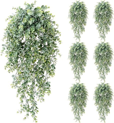 zeyune 6 حزمة نباتات الأوكالبتوس المعلقة الاصطناعية، أوراق الأوكالبتوس الخضراء وهمية، ديكور نبات اللبلاب بوهو لحفل الزفاف، خلفية دش الزفاف الحمام مكتب المنزل مكتب الجدار الداخلي (مرشوشة باللون الأبيض) in Kuwait