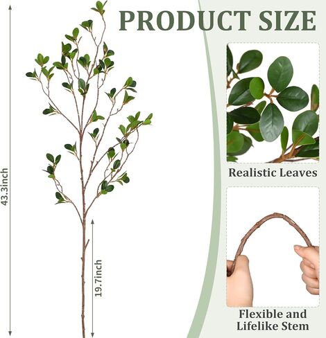 5Pcs 43.3Inch Artificial Ficus Stems, Fake Ficus Twig Plants Faux Green Leaf Spray Branch Greenery for Vase Filler Home Wedding Garden Table Decor in Saudi Arabia