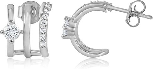 حلق Belacqua Lab Grown Diamond Triple Huggie Illusion من الفضة الاسترليني أو الفضة المطلية بالذهب الأصفر عيار 14 قيراط، قطع دائري، 1/2 قيراط، لون J-K Clarity I1-I2، مجوهرات للنساء، صندوق هدايا متضمن in Kuwait