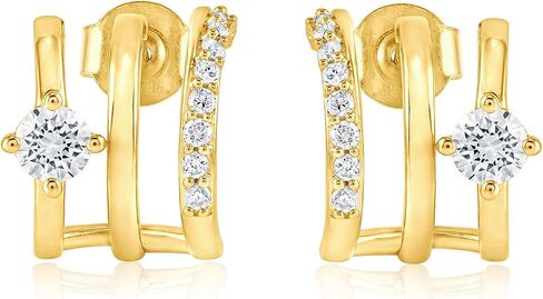 حلق Belacqua Lab Grown Diamond Triple Huggie Illusion من الفضة الاسترليني أو الفضة المطلية بالذهب الأصفر عيار 14 قيراط، قطع دائري، 1/2 قيراط، لون J-K Clarity I1-I2، مجوهرات للنساء، صندوق هدايا متضمن in Kuwait