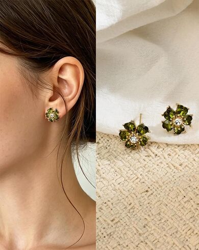 Olive Green Crystal Flower Floral Stud 14K Gold Plated Cubic Zirconia Earrings for Women Small Statement Earrings in Kuwait