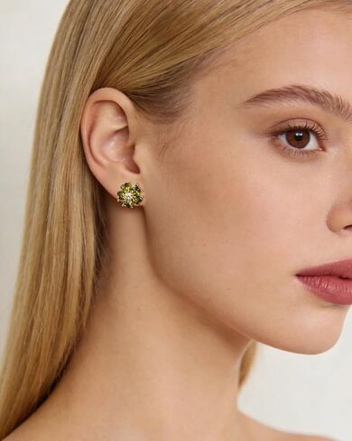 Olive Green Crystal Flower Floral Stud 14K Gold Plated Cubic Zirconia Earrings for Women Small Statement Earrings in Kuwait