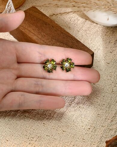 Olive Green Crystal Flower Floral Stud 14K Gold Plated Cubic Zirconia Earrings for Women Small Statement Earrings in Kuwait