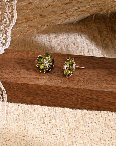 Olive Green Crystal Flower Floral Stud 14K Gold Plated Cubic Zirconia Earrings for Women Small Statement Earrings in Kuwait