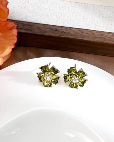 Olive Green Crystal Flower Floral Stud 14K Gold Plated Cubic Zirconia Earrings for Women Small Statement Earrings in Kuwait