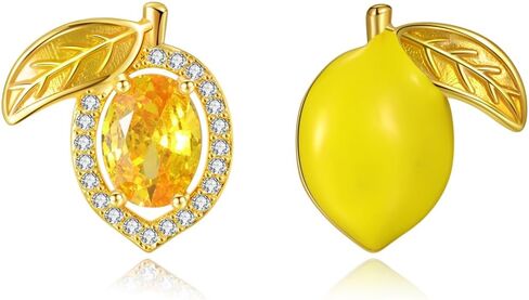 Asymmetrical Lemon Stud Earrings for Women, Enamel & Cubic Zirconia Hypoallergenic Sterling Silver Post, Yellow Fruit Summer Jewelry Gift in Saudi Arabia