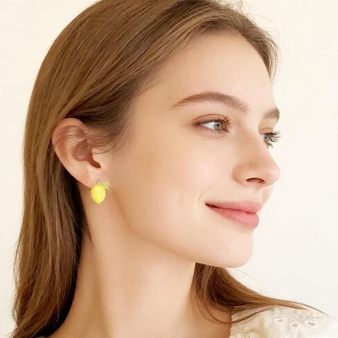 Asymmetrical Lemon Stud Earrings for Women, Enamel & Cubic Zirconia Hypoallergenic Sterling Silver Post, Yellow Fruit Summer Jewelry Gift in Saudi Arabia