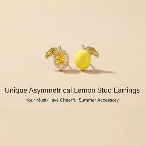 Asymmetrical Lemon Stud Earrings for Women, Enamel & Cubic Zirconia Hypoallergenic Sterling Silver Post, Yellow Fruit Summer Jewelry Gift in Saudi Arabia