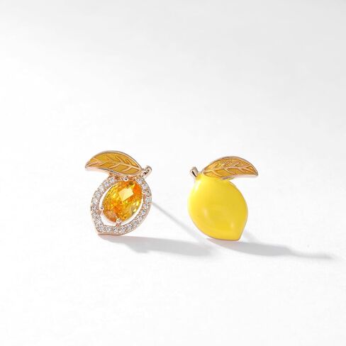 Asymmetrical Lemon Stud Earrings for Women, Enamel & Cubic Zirconia Hypoallergenic Sterling Silver Post, Yellow Fruit Summer Jewelry Gift in Saudi Arabia