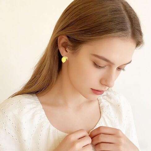 Asymmetrical Lemon Stud Earrings for Women, Enamel & Cubic Zirconia Hypoallergenic Sterling Silver Post, Yellow Fruit Summer Jewelry Gift in Saudi Arabia