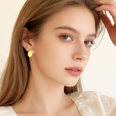 Asymmetrical Lemon Stud Earrings for Women, Enamel & Cubic Zirconia Hypoallergenic Sterling Silver Post, Yellow Fruit Summer Jewelry Gift in Saudi Arabia