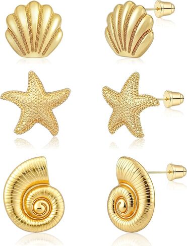 Gold Beach Stud Earrings Set for Women 3 Pairs Shell Starfish Seashell Stud Earrings Cute Dainty Minimalist Summer Ocean Jewelry for Vacation Travel in Saudi Arabia