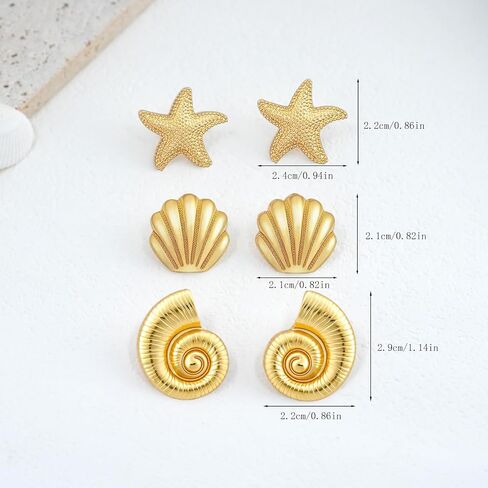 Gold Beach Stud Earrings Set for Women 3 Pairs Shell Starfish Seashell Stud Earrings Cute Dainty Minimalist Summer Ocean Jewelry for Vacation Travel in Saudi Arabia
