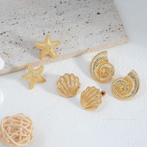 Gold Beach Stud Earrings Set for Women 3 Pairs Shell Starfish Seashell Stud Earrings Cute Dainty Minimalist Summer Ocean Jewelry for Vacation Travel in Saudi Arabia