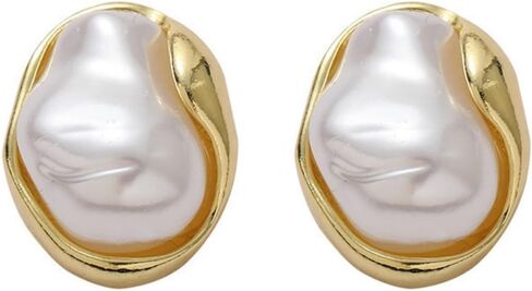 Boho Pearl Statement Earrings for Women Irregular Pearl and Gold Stud Earrings for Women Big Round Freshwater Pearls Bridal Earring Beach Ocean Vacation Jewelry in Saudi Arabia