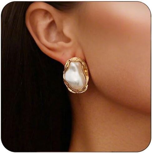 Boho Pearl Statement Earrings for Women Irregular Pearl and Gold Stud Earrings for Women Big Round Freshwater Pearls Bridal Earring Beach Ocean Vacation Jewelry in Kuwait