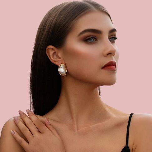 Boho Pearl Statement Earrings for Women Irregular Pearl and Gold Stud Earrings for Women Big Round Freshwater Pearls Bridal Earring Beach Ocean Vacation Jewelry in Kuwait