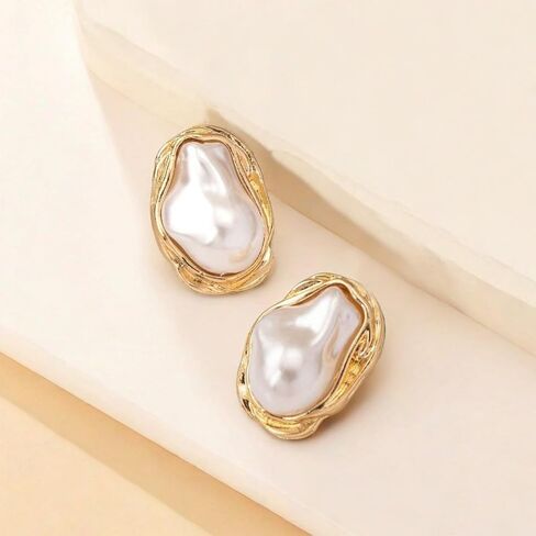 Boho Pearl Statement Earrings for Women Irregular Pearl and Gold Stud Earrings for Women Big Round Freshwater Pearls Bridal Earring Beach Ocean Vacation Jewelry in Kuwait