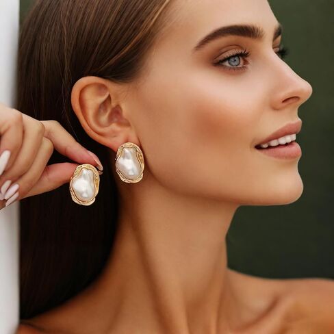 Boho Pearl Statement Earrings for Women Irregular Pearl and Gold Stud Earrings for Women Big Round Freshwater Pearls Bridal Earring Beach Ocean Vacation Jewelry in Kuwait