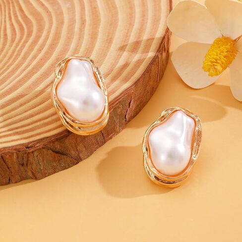 Boho Pearl Statement Earrings for Women Irregular Pearl and Gold Stud Earrings for Women Big Round Freshwater Pearls Bridal Earring Beach Ocean Vacation Jewelry in Kuwait
