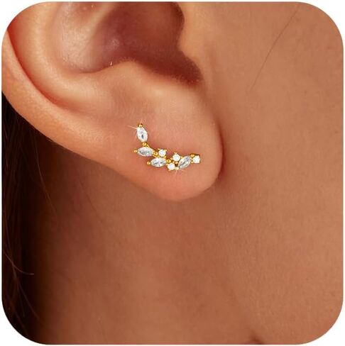 925 Sterling Silver Leaf Ear Crawler Earrings for Women 14k Gold Plated Marquise Cut Cubic Zirconia Climber Stud Earring Hypoallergenic Leaves Earring Jewelry Gifts for Brides Bridesmaid in Saudi Arabia