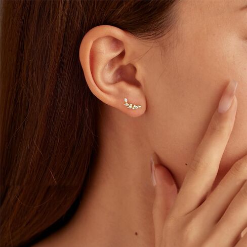 925 Sterling Silver Leaf Ear Crawler Earrings for Women 14k Gold Plated Marquise Cut Cubic Zirconia Climber Stud Earring Hypoallergenic Leaves Earring Jewelry Gifts for Brides Bridesmaid in Saudi Arabia
