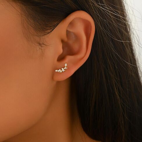 925 Sterling Silver Leaf Ear Crawler Earrings for Women 14k Gold Plated Marquise Cut Cubic Zirconia Climber Stud Earring Hypoallergenic Leaves Earring Jewelry Gifts for Brides Bridesmaid in Saudi Arabia
