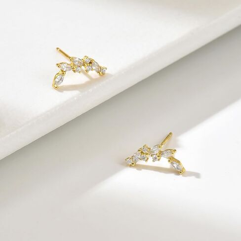 925 Sterling Silver Leaf Ear Crawler Earrings for Women 14k Gold Plated Marquise Cut Cubic Zirconia Climber Stud Earring Hypoallergenic Leaves Earring Jewelry Gifts for Brides Bridesmaid in Saudi Arabia