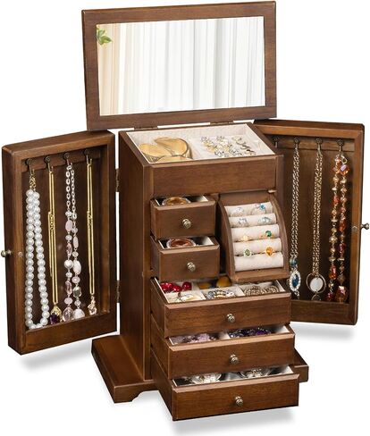 Yoimori Jewelry Box for Women, 6 Layer Large Jewelry Boxes for Necklaces Earrings Bracelets Rings, Rustic Wood Jewelry Organizer Box with Mirror & Drawers for Women Girls Gifts(Carbonized Black) in Saudi Arabia