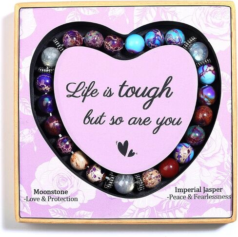 DUQGUHO Healing Bracelets for Women Birthday Gifts for Mom/Auntie/Sister/Daughter/Grandma/Best Friend Natural Pink Zebra Jasper/Emperor Pine Stone Moonstone Bracelet 8mm in Saudi Arabia