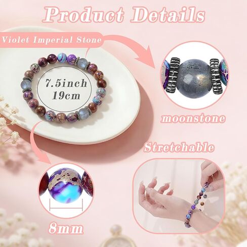 DUQGUHO Healing Bracelets for Women Birthday Gifts for Mom/Auntie/Sister/Daughter/Grandma/Best Friend Natural Pink Zebra Jasper/Emperor Pine Stone Moonstone Bracelet 8mm in Saudi Arabia