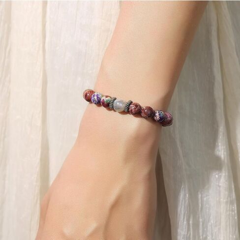 DUQGUHO Healing Bracelets for Women Birthday Gifts for Mom/Auntie/Sister/Daughter/Grandma/Best Friend Natural Pink Zebra Jasper/Emperor Pine Stone Moonstone Bracelet 8mm in Saudi Arabia
