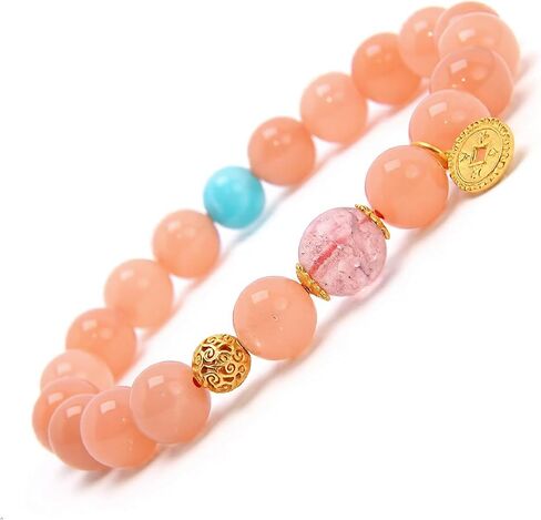 Peach Pink Beaded Bracelet with Turquoise Accent & Gold Coin Charm in Saudi Arabia