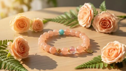 Peach Pink Beaded Bracelet with Turquoise Accent & Gold Coin Charm in Saudi Arabia