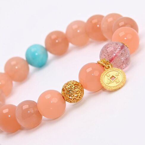 Peach Pink Beaded Bracelet with Turquoise Accent & Gold Coin Charm in Saudi Arabia