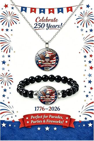 250th Anniversary USA Bracelet Necklace Set, Patriotic Beaded Bracelets for Men & Women, 1776-2026 Independence Day Jewelry, 4th of July Bracelet, USA Gift for Veterans & Patriots in Saudi Arabia