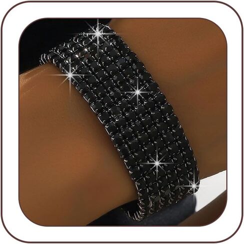 Layered Black Stretchy Sparkling Zirconia Bracelets, 6 Row Silver Wide Glittering Rhinestone Bracelet for Women Simple Fashion Bling Party Jewelry Gift in Saudi Arabia