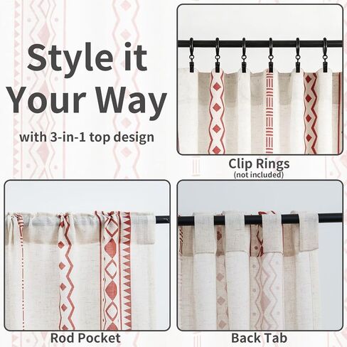 SpaceDresser Boho Curtains 63 Inch Length, Light Filtering Vintage Farmhouse Linen Curtains for Living Room 2 Panels, Rod Pocket Boho Geometric Rustic Drapes with Back Tabs, 52 x 63 inc, Brown in Saudi Arabia