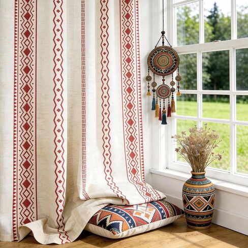 SpaceDresser Boho Curtains 63 Inch Length, Light Filtering Vintage Farmhouse Linen Curtains for Living Room 2 Panels, Rod Pocket Boho Geometric Rustic Drapes with Back Tabs, 52 x 63 inc, Brown in Saudi Arabia