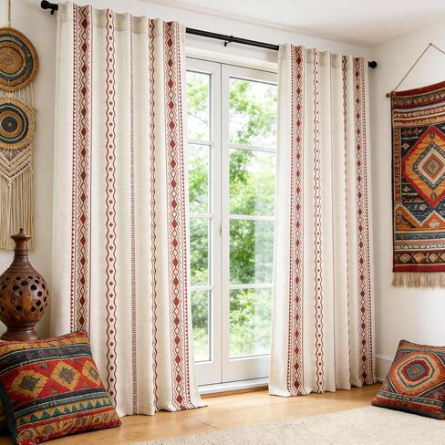 SpaceDresser Boho Curtains 63 Inch Length, Light Filtering Vintage Farmhouse Linen Curtains for Living Room 2 Panels, Rod Pocket Boho Geometric Rustic Drapes with Back Tabs, 52 x 63 inc, Brown in Saudi Arabia