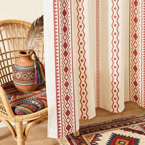 SpaceDresser Boho Curtains 63 Inch Length, Light Filtering Vintage Farmhouse Linen Curtains for Living Room 2 Panels, Rod Pocket Boho Geometric Rustic Drapes with Back Tabs, 52 x 63 inc, Brown in Saudi Arabia