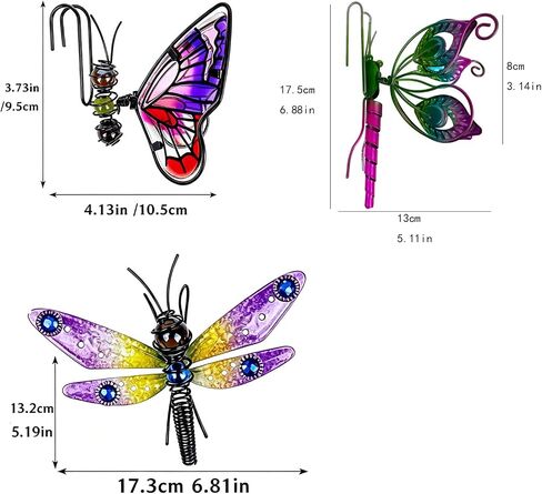3 Pcs Butterfly & Dragonfly Mix Decorations for Flower Pots - Iron Painted Hanging Ornaments, Plant Pot Potted Hanger Figurines, Outdoor Garden Pendant Decor in Saudi Arabia