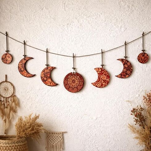 Qunclay Handmade Hippy Moon Phase Wall Hanging Wooden Moon Phase Hanging Garland Boho Vintage Floral Wall Decor for Bedroom Dorm Office Birthday Party Decor in Kuwait